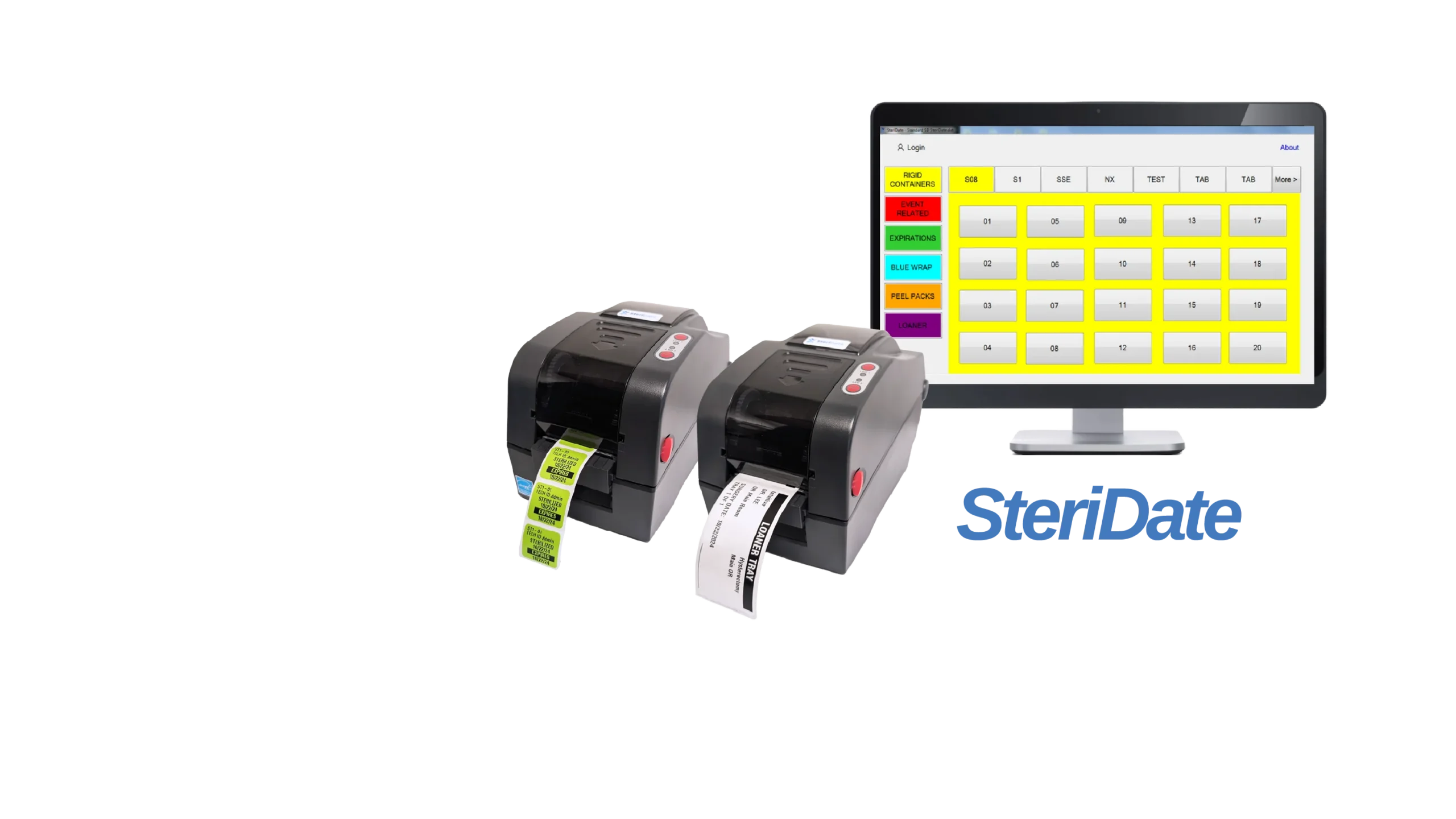 SteriDate label printers and software interface for medical sterile processing department labeling